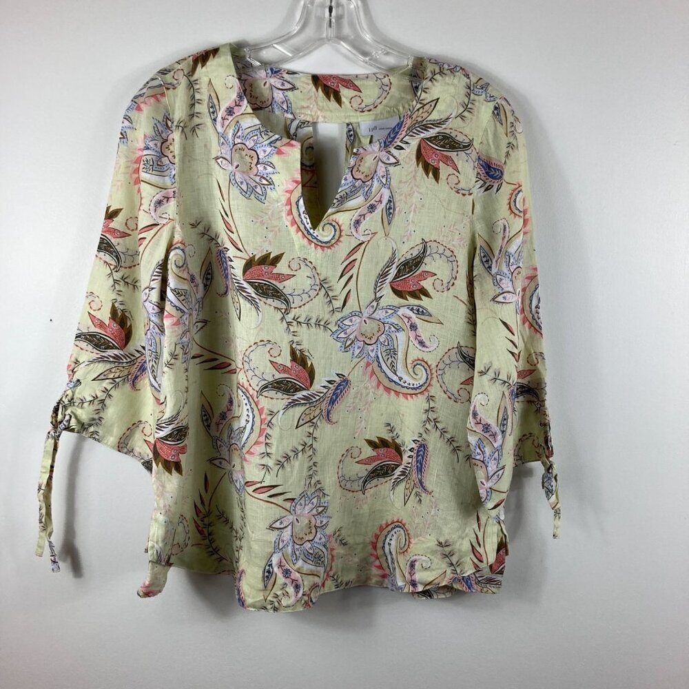Womens J Jill Love Linen Floral Boho V Neck Top Yellow Green‎ XSP